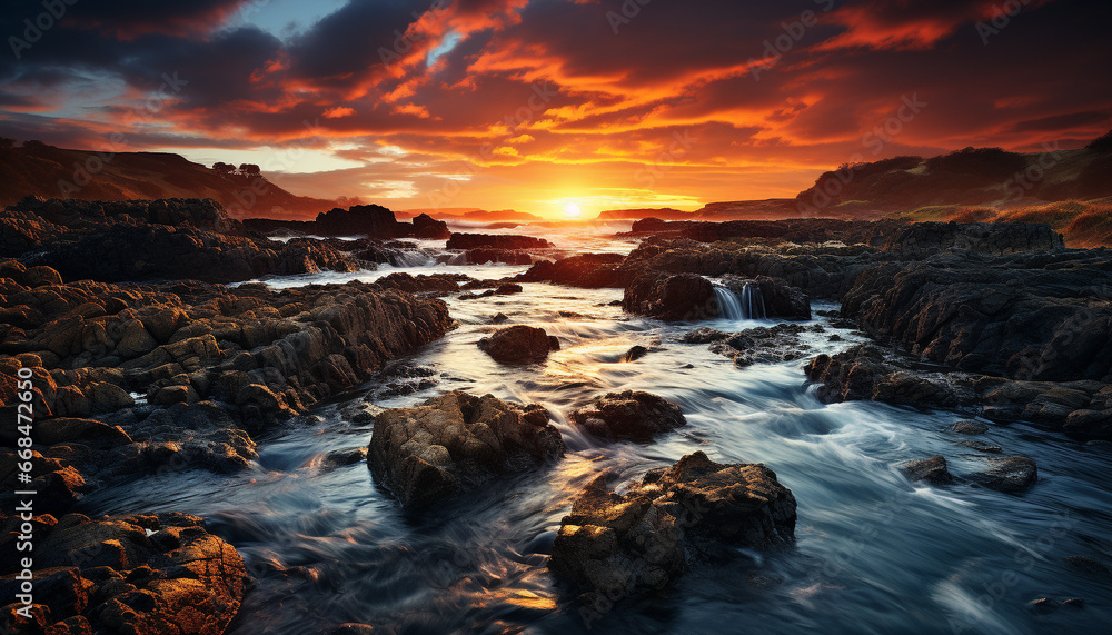 Obraz premium Majestic sunset over tranquil waters, nature beauty reflected in twilight generated by AI