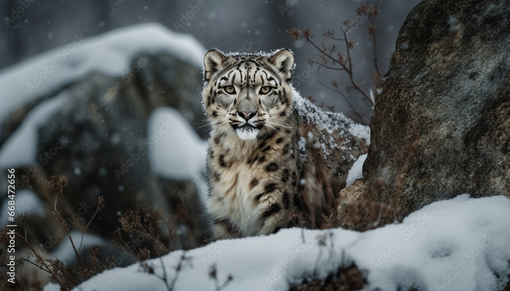 Fototapeta premium Endangered Bengal tiger stalking through snow covered forest, majestic beauty generated by AI