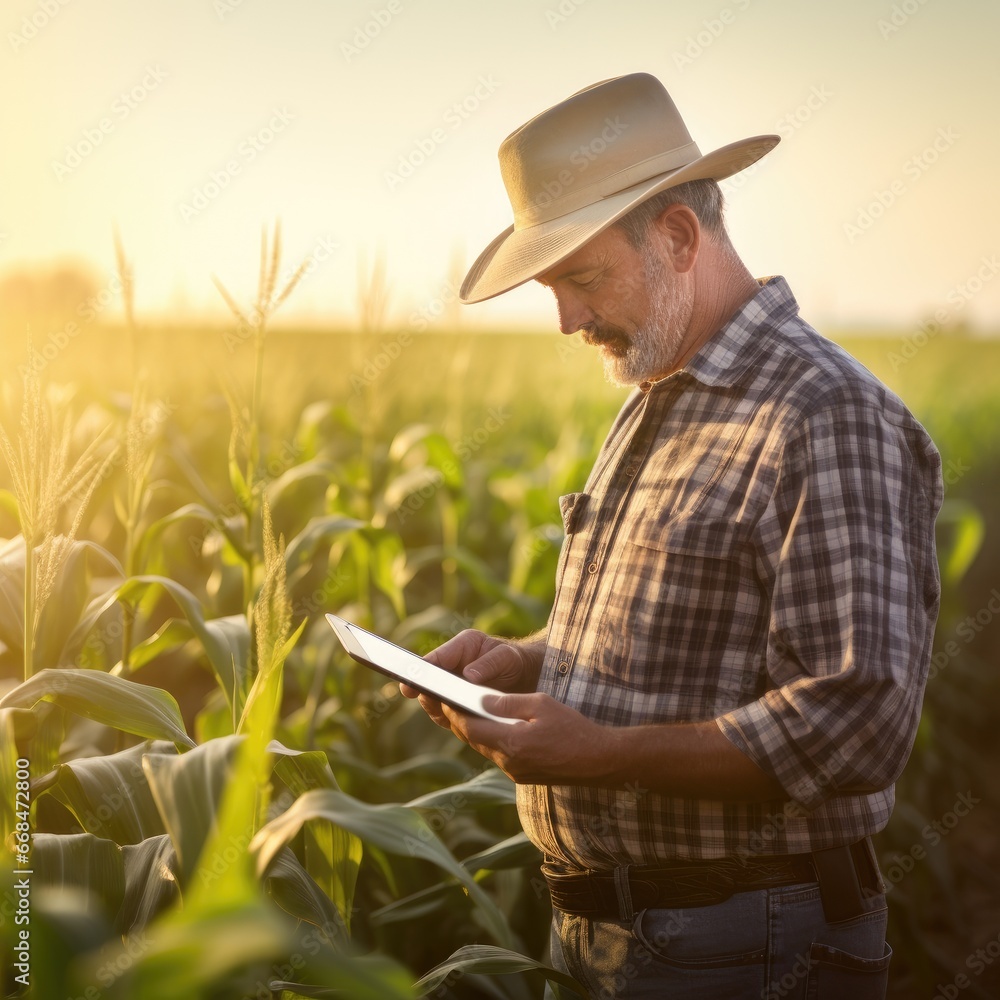 A modern agriculture farmer in a cornfield using technology to monitor and manage crop harvest, Generative AI A modern agriculture farmer in a cornfield using technology to monitor and manage crop harvest, Generative AI