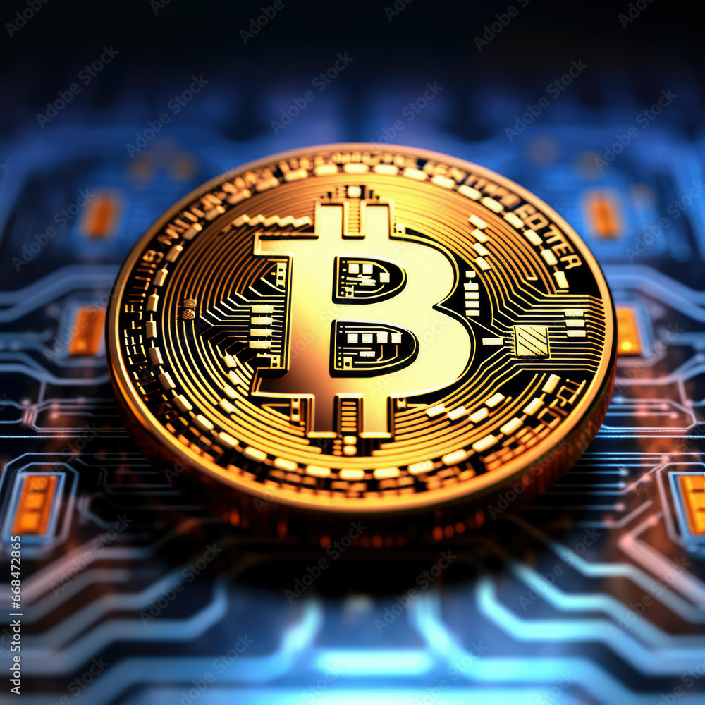 Bitcoin crypto currency gold coin on computer circuit board Bitcoin crypto currency gold coin on computer circuit board