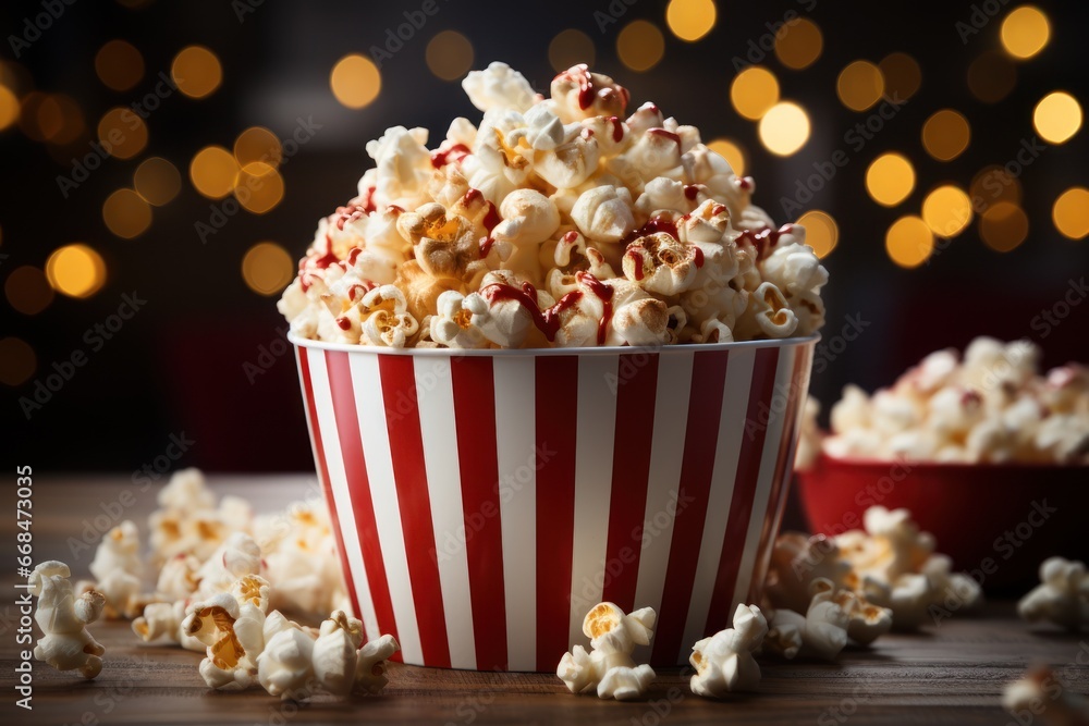 Striped red box with popcorn on a distinct red background with copy space, cinema and movies background, AI generative