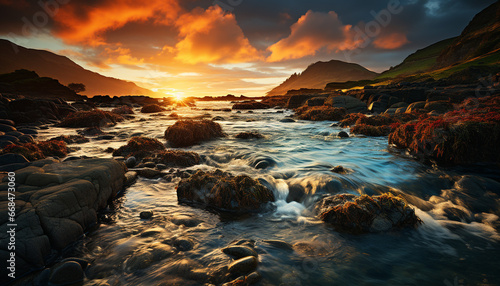Sunset over the tranquil coastline, reflecting the beauty of nature generated by AI