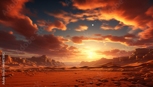 Majestic mountain range, tranquil sunset, sand dunes, nature beauty generated by AI