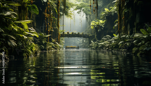 Tranquil scene wet forest reflects mystery and beauty in nature generated by AI