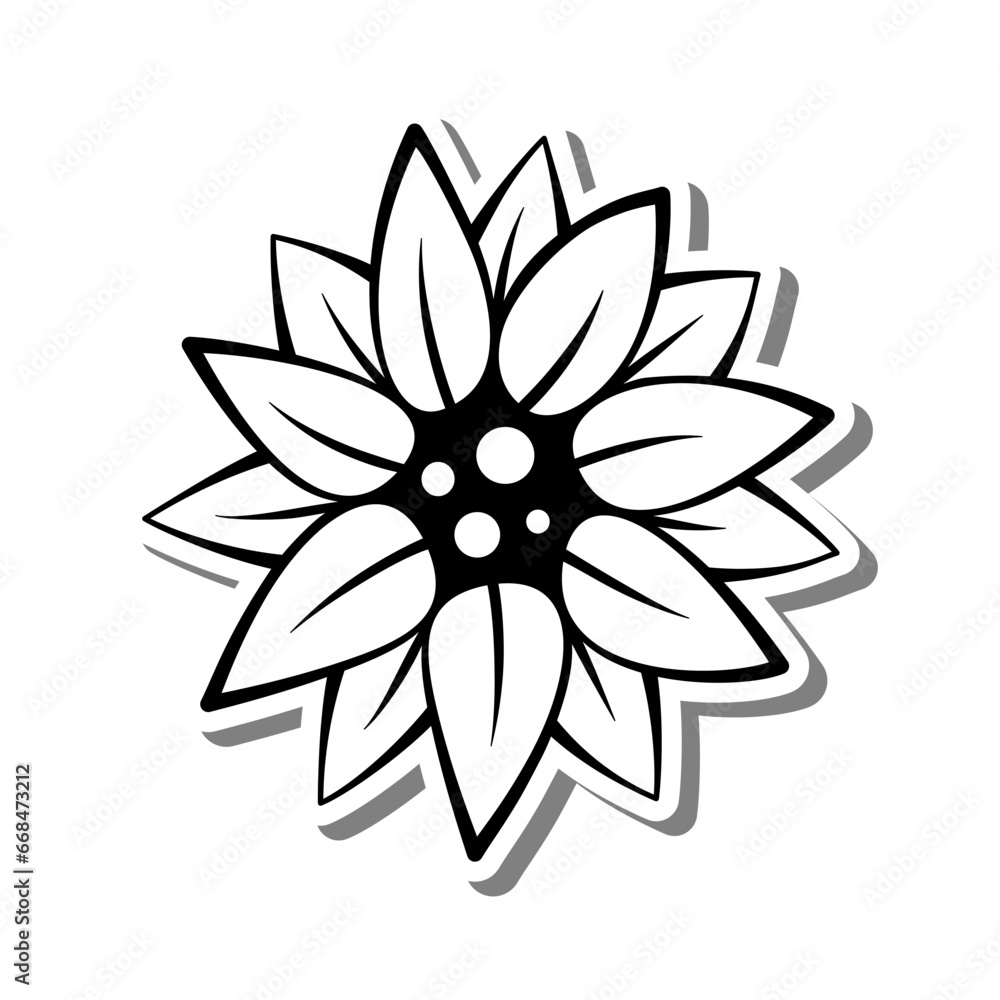Mini Sunflower Bloom on white silhouette and gray shadow. Digital or printable sticker. Vector illustration for decorate logo, tattoo, card or any design. Mini Sunflower Bloom on white silhouette and gray shadow. Digital or printable sticker. Vector illustration for decorate logo, tattoo, card or any design.