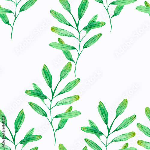 watercolor drawing  seamless pattern with green leaves and twigs