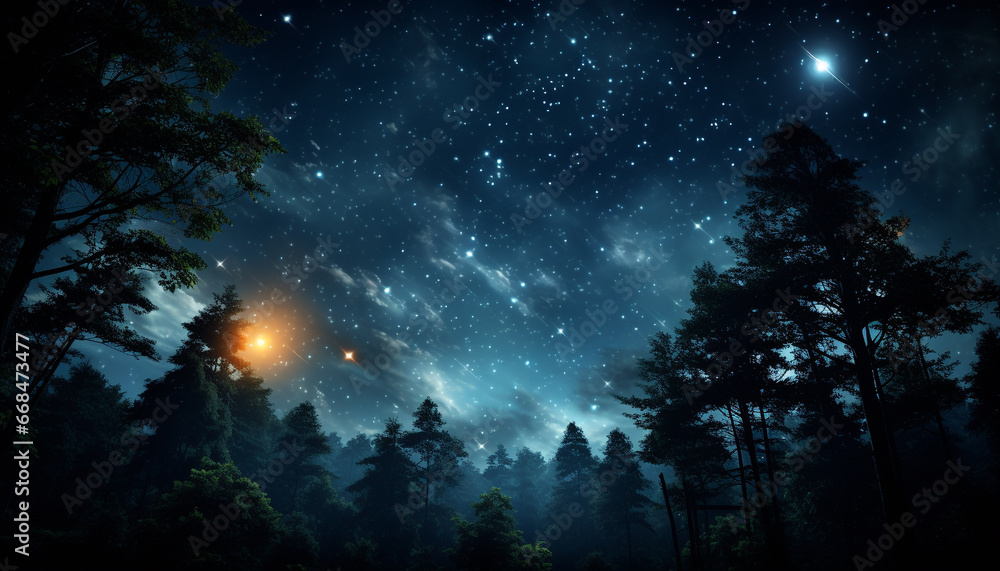 Mysterious night sky illuminates tranquil snowy forest with glowing stars generated by AI