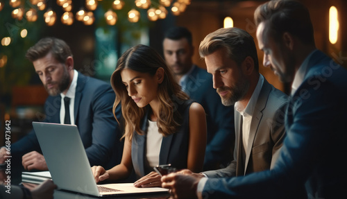 Business people sit around a laptop, One woman is presenting to the group.