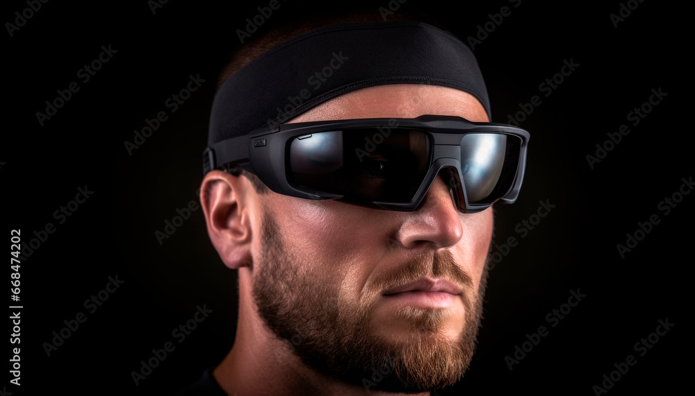 A young adult male wearing futuristic eyeglasses in a studio shot generated by AI A young adult male wearing futuristic eyeglasses in a studio shot generated by AI