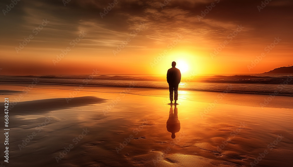 One person meditating on the tranquil beach at sunrise generated by AI