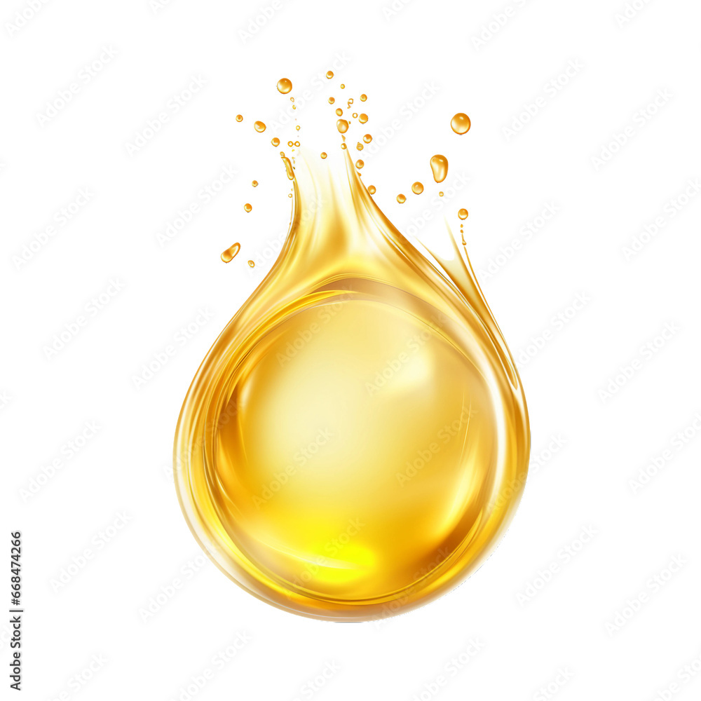 Oil drop isolated on a transparent background, Con of gold liquid drop like oil, Gasoline or vitamins from droplet, Serum droplet with air bubbles. Generative AI - obrazy, fototapety, plakaty 