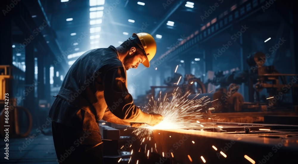 Industrial Worker welding steel used grinding stone on steel with sparks in factory. Industrial Worker welding steel used grinding stone on steel with sparks in factory.