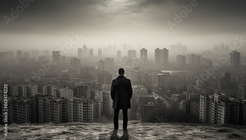 Businessman standing in cityscape, looking at skyscrapers, achieving success generated by AI