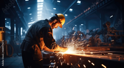 Industrial Worker welding steel used grinding stone on steel with sparks in factory.