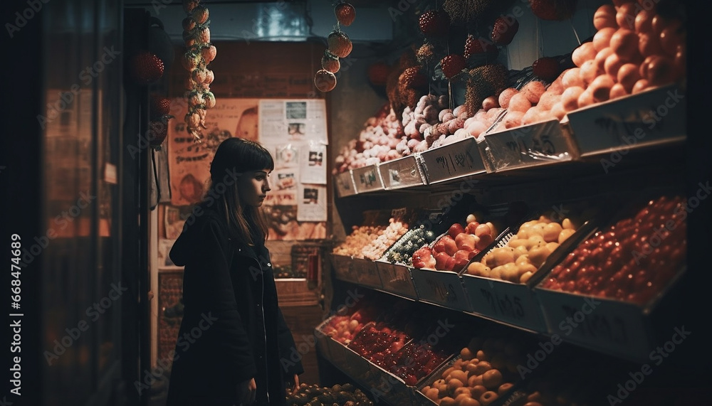 One woman choosing fresh fruit in a supermarket, smiling happily generated by AI