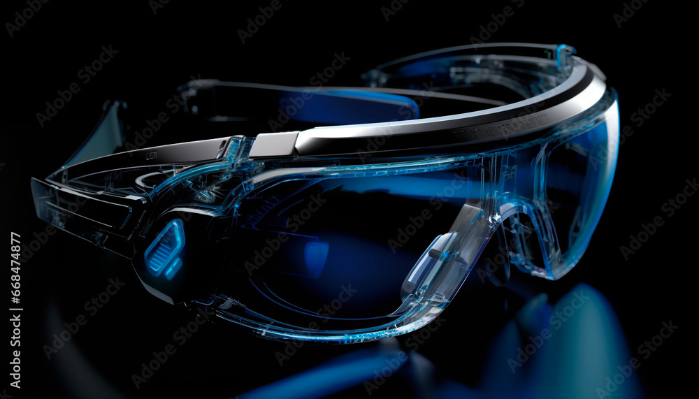 Reflection of a close up, single object blue eyeglasses made of steel generated by AI