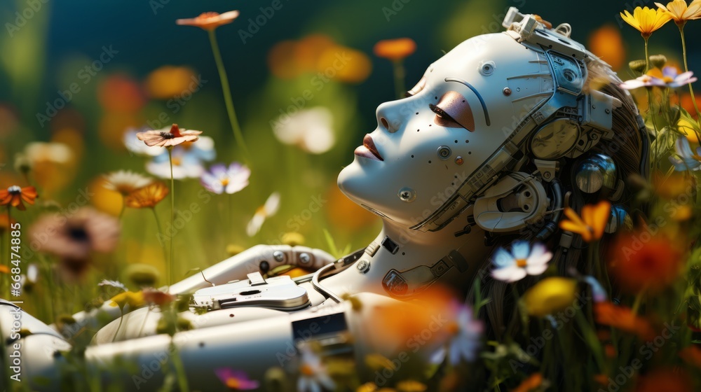 A Happy Humanoid Robot laying in a Colourful Meadow full of wildflowers - A Robot's Tranquil Encounter With Nature