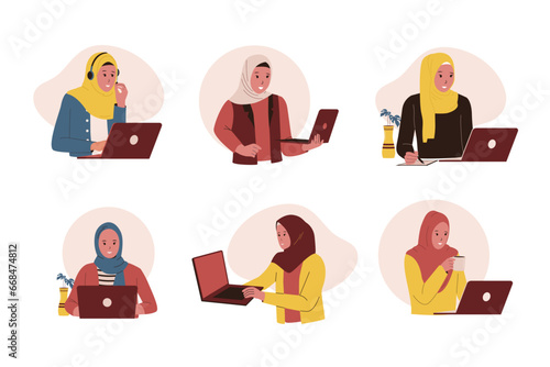 Vector collection of woman muslim using laptop. vector flat illustration