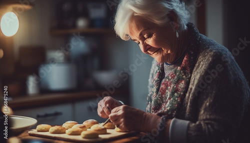 Smiling senior woman in kitchen baking homemade cookies with joy generated by AI photo