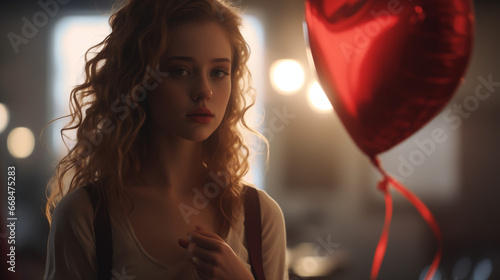 Young woman staring at the camera with a red heart shaped balloon. Cinematic style with high depth of filed