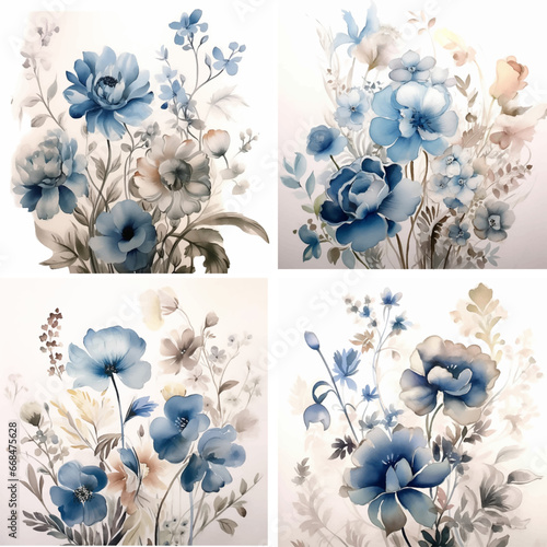 set of flowers pattern revival repeat painting rose textile ornament watercolor wedding romantic graphic grunge wallpaper