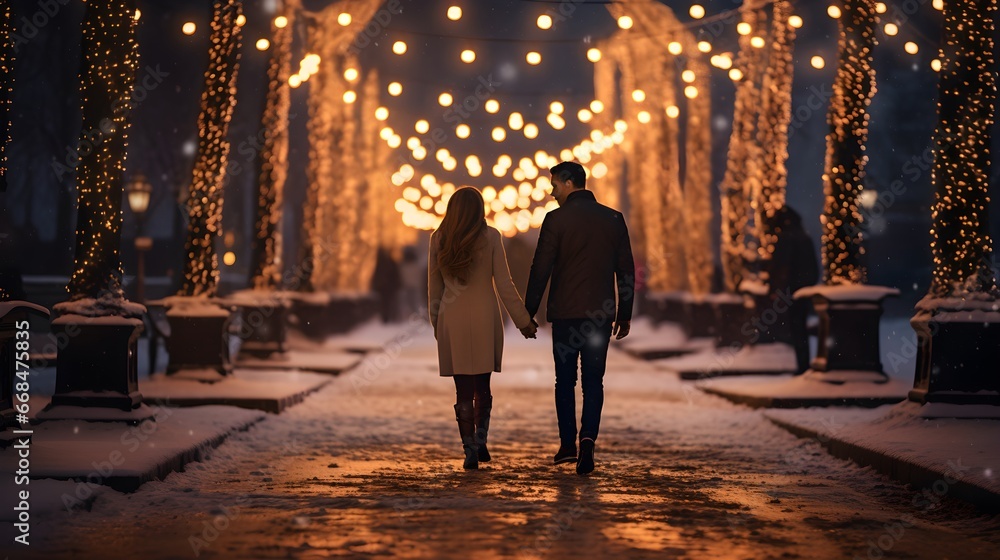 couple in love walking hand in hand in a street decorated for Christmas at night. Generative AI - obrazy, fototapety, plakaty 