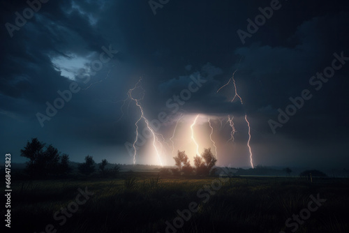 A dramatic and moody landscape of a storm approaching a vast open field, with the power and energy of nature on full display. AI Generative.