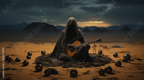 AI generated illustration of A male musician in a hooded cloak strumming an acoustic guitar
