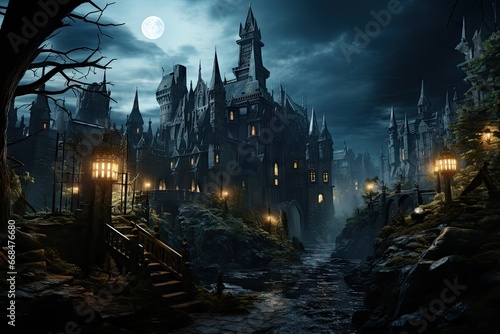 vampire Castle with a landscape of trees, foggy, in the night, photorealistic by Generative AI © chartchai
