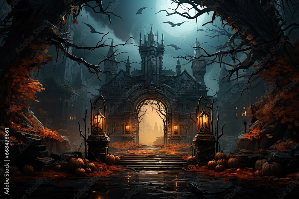 Halloween moon night Perspective of Halloween abandoned castle, orange-red sky, bat, cute scary pumpkin face, boo, cemetery, four scary trees, spider web, Halloween concept by Generative AI - obrazy, fototapety, plakaty 