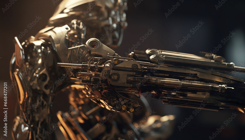 Fototapeta premium Shiny brass instrument reflects metallic focus on foreground, performing in industry generated by AI