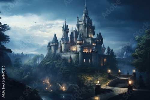 vampire Castle with a landscape of trees, foggy, in the night, photorealistic by Generative AI