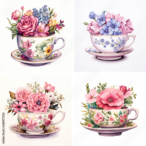 cup of tea with flowers invitation painting wedding party elegant retro valentine illustration white art red birthday