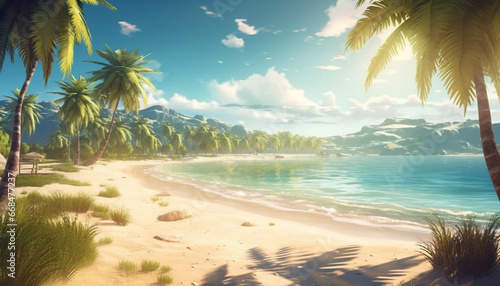 Tropical coastline, palm tree, blue water, sunset, tranquil vacation generated by AI