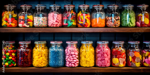 Colorful assortment of candy and other sweets on display in glass jars, "Vibrant Display of Candy and Sweets in Glass Jars"