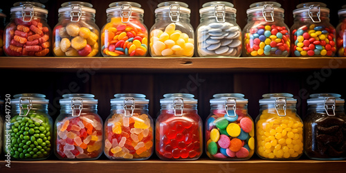 colorful jars filled with a variety of candies on wooden shelves, "Sweet Candy Display in Glass Jars on Wood"