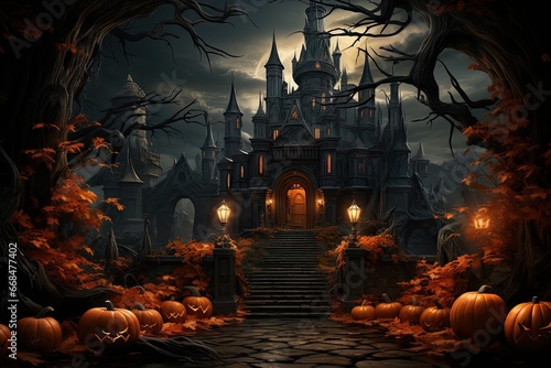 Halloween moon night Perspective of Halloween abandoned castle, orange-red sky, bat, cute scary pumpkin face, boo, cemetery, four scary trees, spider web, Halloween concept by Generative AI