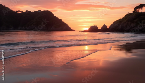 Sunset over the coastline  a tranquil scene of beauty in nature generated by AI