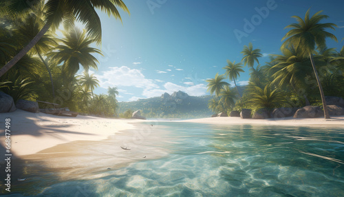 Idyllic tropical coastline, palm tree, turquoise waters, serene sunset beauty generated by AI