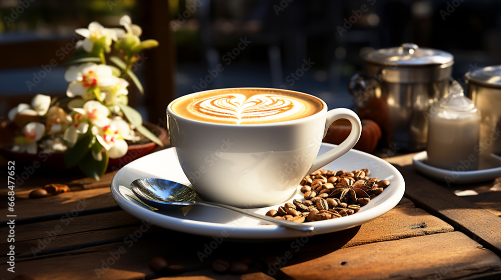 Cup of cappuccino with latte art and coffee beans on wooden table Cup of cappuccino with latte art and coffee beans on wooden table