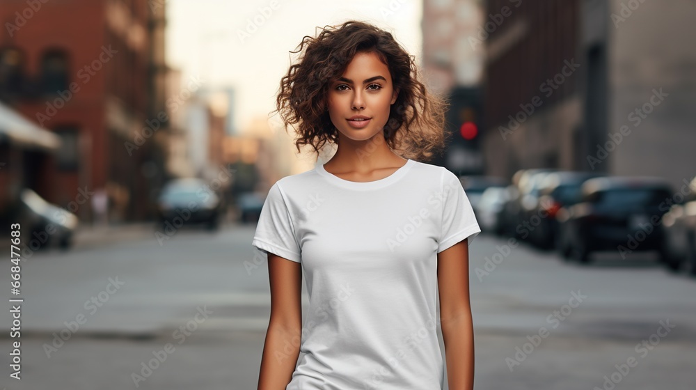 Woman Posing and Wearing White Tee Shirt Mockup Placement on the Street. Shirt Mockup Template
