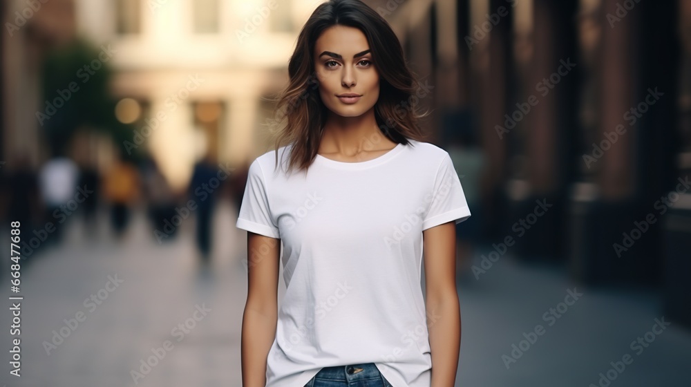 Woman Posing and Wearing White Tee Shirt Mockup Placement on the Street. Shirt Mockup Template
