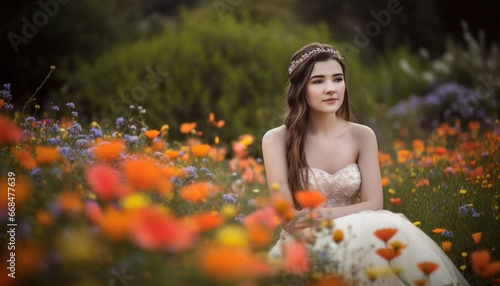 A beautiful young woman in a dress smiles in nature generated by AI