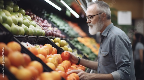 Mature man shopping in grocery store. Side view choosing fresh fruits and vegetables in supermarket. Generative AI