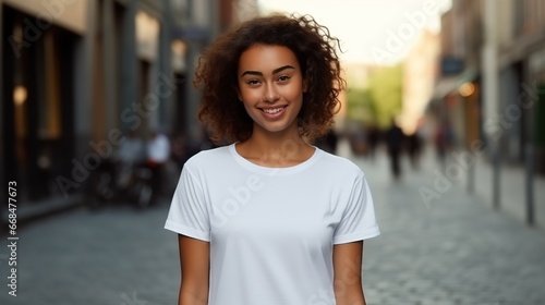 Woman Posing and Wearing White Tee Shirt Mockup Placement on the Street. Shirt Mockup Template 
