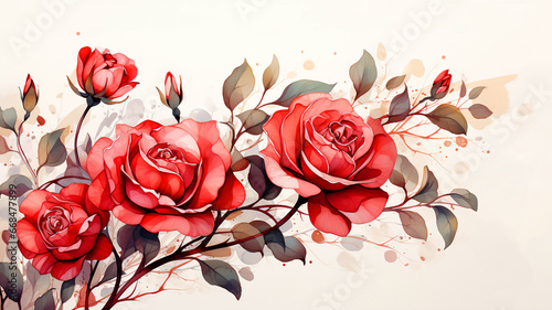 watercolor flora roses and leaves  Hand-drawn illustration white background