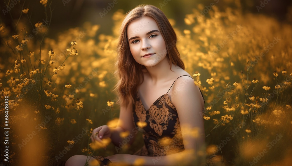 A beautiful young woman enjoying nature beauty in the meadow generated by AI A beautiful young woman enjoying nature beauty in the meadow generated by AI