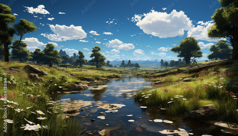 Tranquil meadow reflects blue sky, green grass, and yellow flowers generated by AI