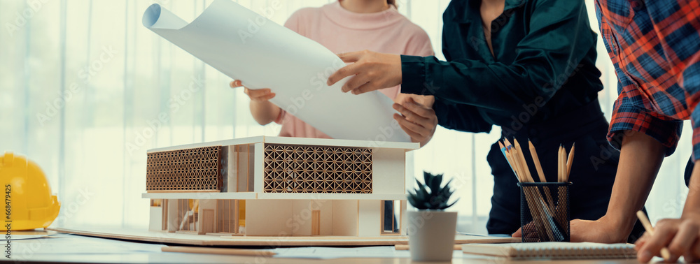 Architect engineer team discussion about house construction. Interior ...