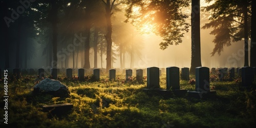A graveyard for the dead with rows of sacred gravestones. Each sign tells a story. The concept of the legacy of those lost in war by generative ai. photo